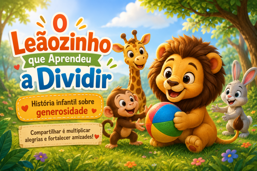 Leãozinho da história infantil sobre generosidade O Leãozinho que Aprendeu a Dividir